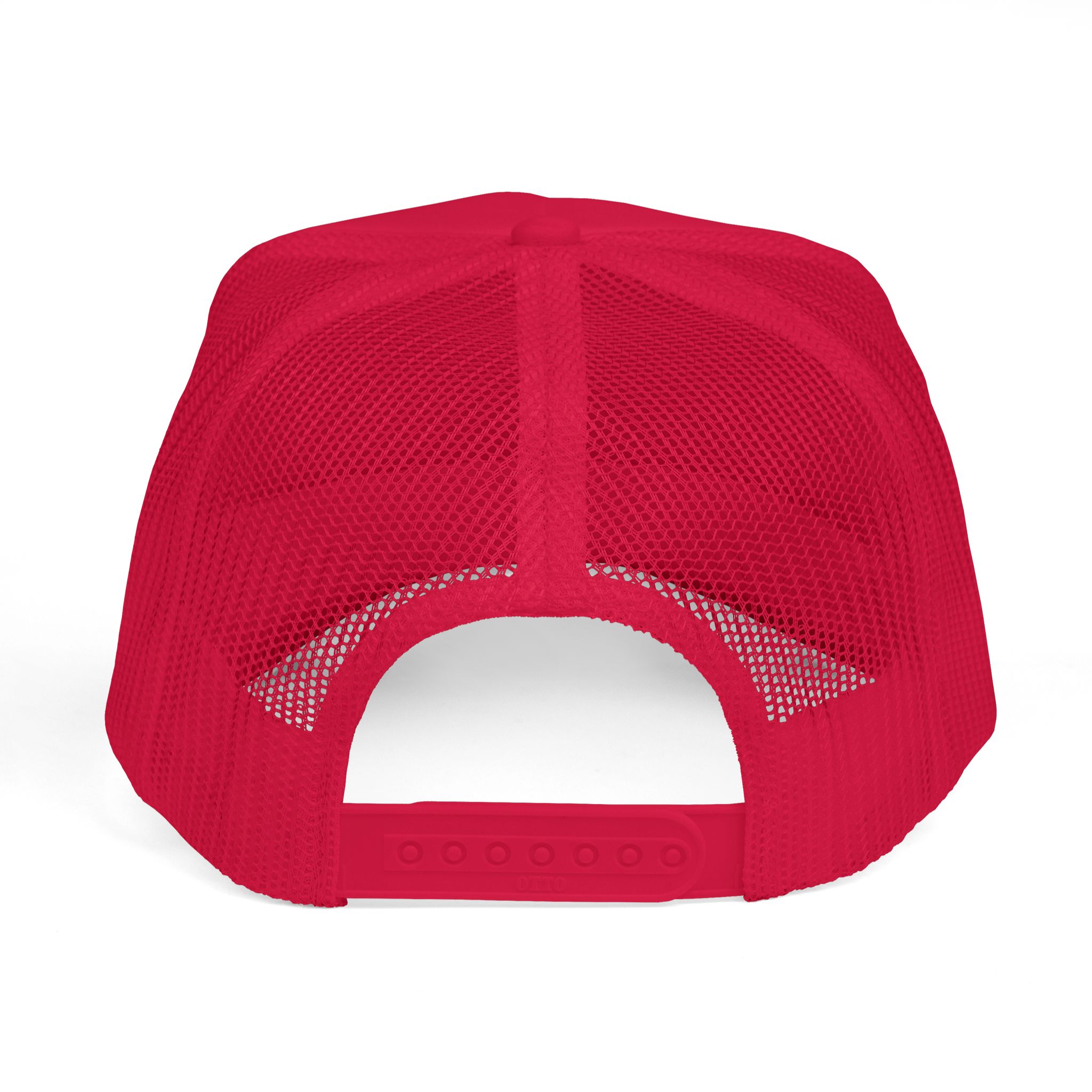 Back of the red trucker hat showing the mesh panels and snapback strap