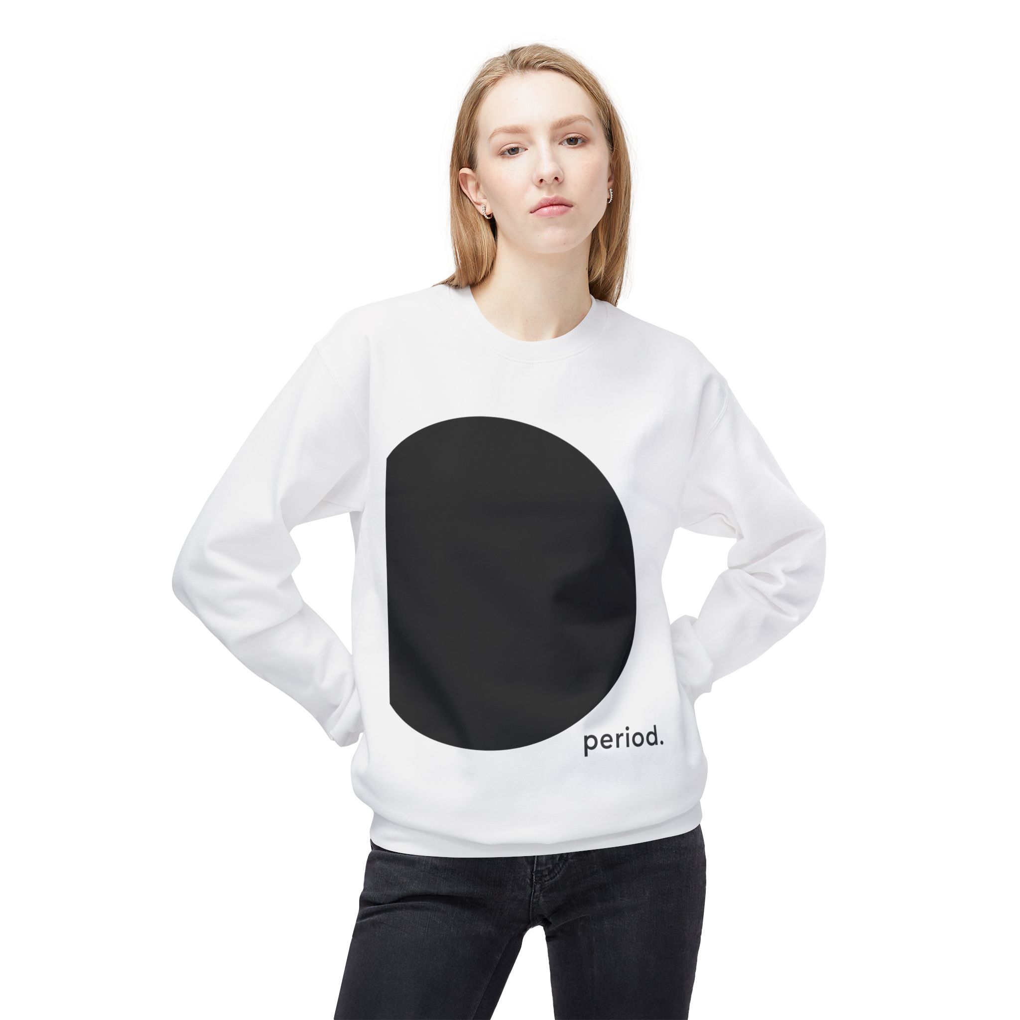 Person wearing the white period. crewneck sweatshirt